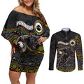 Custom Panthers Couples Matching Off Shoulder Short Dress and Long Sleeve Button Shirt Warrior Mascot With Aboriginal Indigenous