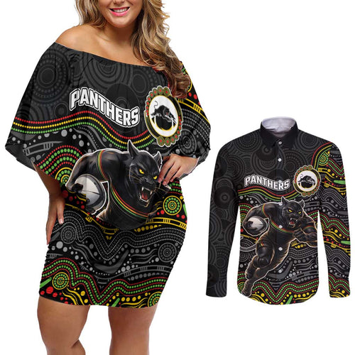 Custom Panthers Couples Matching Off Shoulder Short Dress and Long Sleeve Button Shirt Warrior Mascot With Aboriginal Indigenous