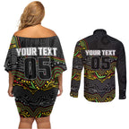 Custom Panthers Couples Matching Off Shoulder Short Dress and Long Sleeve Button Shirt Warrior Mascot With Aboriginal Indigenous