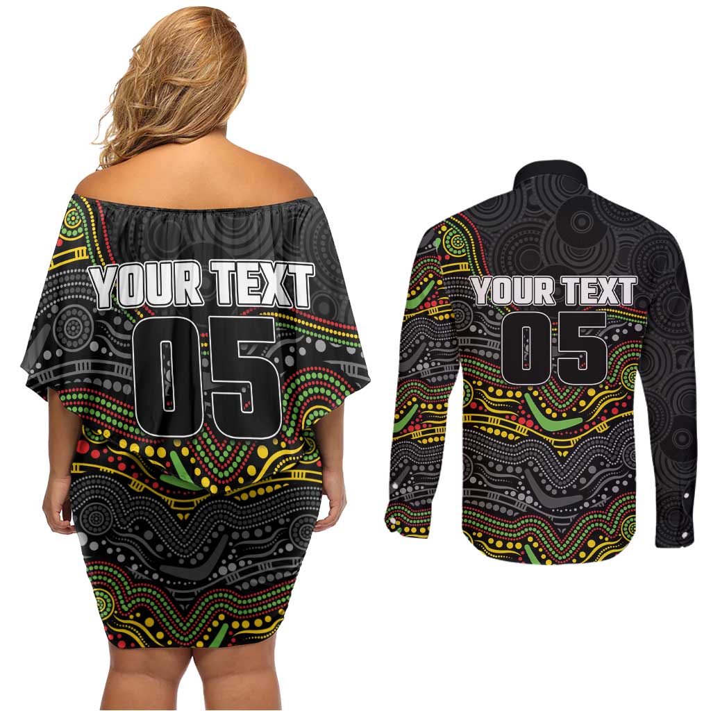 Custom Panthers Couples Matching Off Shoulder Short Dress and Long Sleeve Button Shirt Warrior Mascot With Aboriginal Indigenous