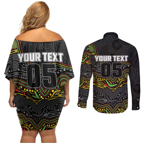 Custom Panthers Couples Matching Off Shoulder Short Dress and Long Sleeve Button Shirt Warrior Mascot With Aboriginal Indigenous