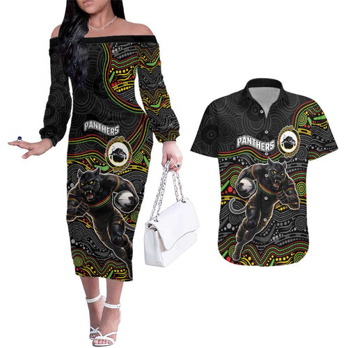 Custom Panthers Couples Matching Off The Shoulder Long Sleeve Dress and Hawaiian Shirt Warrior Mascot With Aboriginal Indigenous