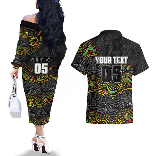Custom Panthers Couples Matching Off The Shoulder Long Sleeve Dress and Hawaiian Shirt Warrior Mascot With Aboriginal Indigenous