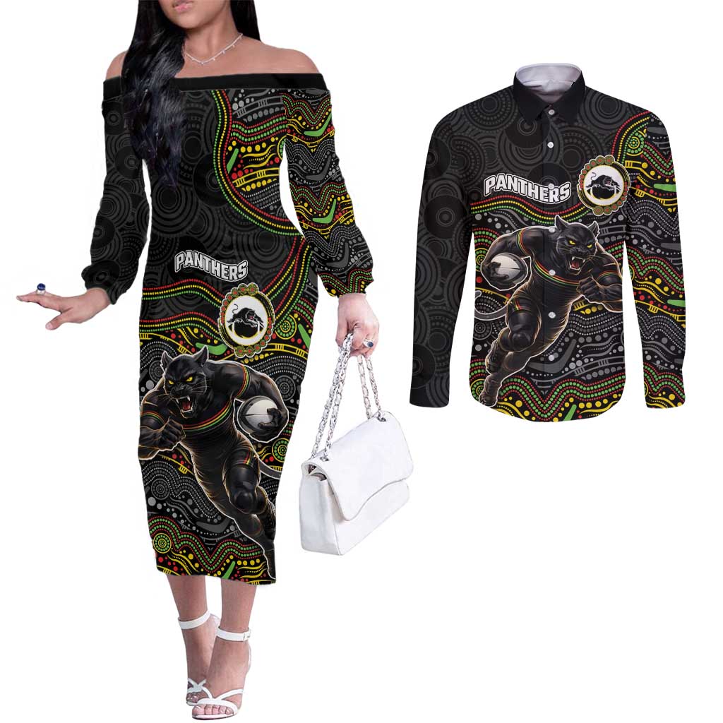 Custom Panthers Couples Matching Off The Shoulder Long Sleeve Dress and Long Sleeve Button Shirt Warrior Mascot With Aboriginal Indigenous