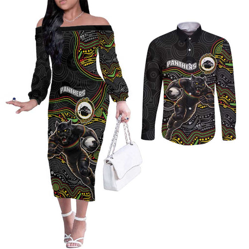 Custom Panthers Couples Matching Off The Shoulder Long Sleeve Dress and Long Sleeve Button Shirt Warrior Mascot With Aboriginal Indigenous