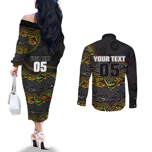 Custom Panthers Couples Matching Off The Shoulder Long Sleeve Dress and Long Sleeve Button Shirt Warrior Mascot With Aboriginal Indigenous