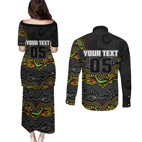 Custom Panthers Couples Matching Puletasi and Long Sleeve Button Shirt Warrior Mascot With Aboriginal Indigenous