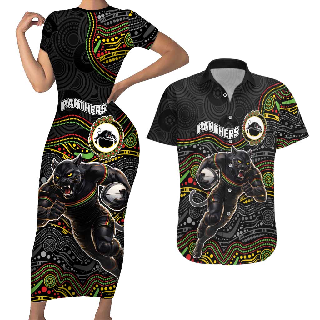 Custom Panthers Couples Matching Short Sleeve Bodycon Dress and Hawaiian Shirt Warrior Mascot With Aboriginal Indigenous