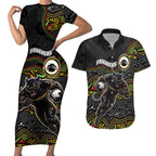 Custom Panthers Couples Matching Short Sleeve Bodycon Dress and Hawaiian Shirt Warrior Mascot With Aboriginal Indigenous