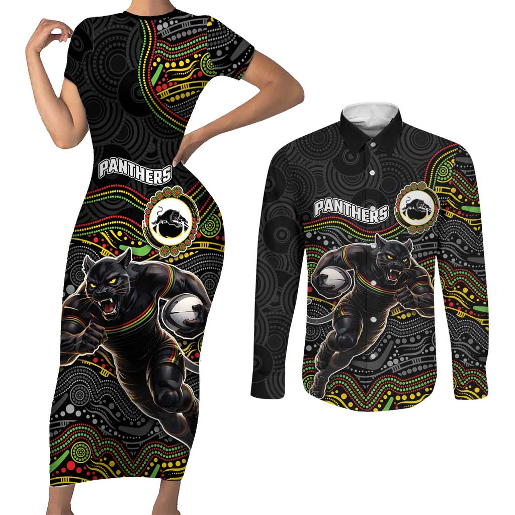 Custom Panthers Couples Matching Short Sleeve Bodycon Dress and Long Sleeve Button Shirt Warrior Mascot With Aboriginal Indigenous