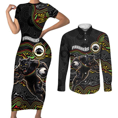Custom Panthers Couples Matching Short Sleeve Bodycon Dress and Long Sleeve Button Shirt Warrior Mascot With Aboriginal Indigenous