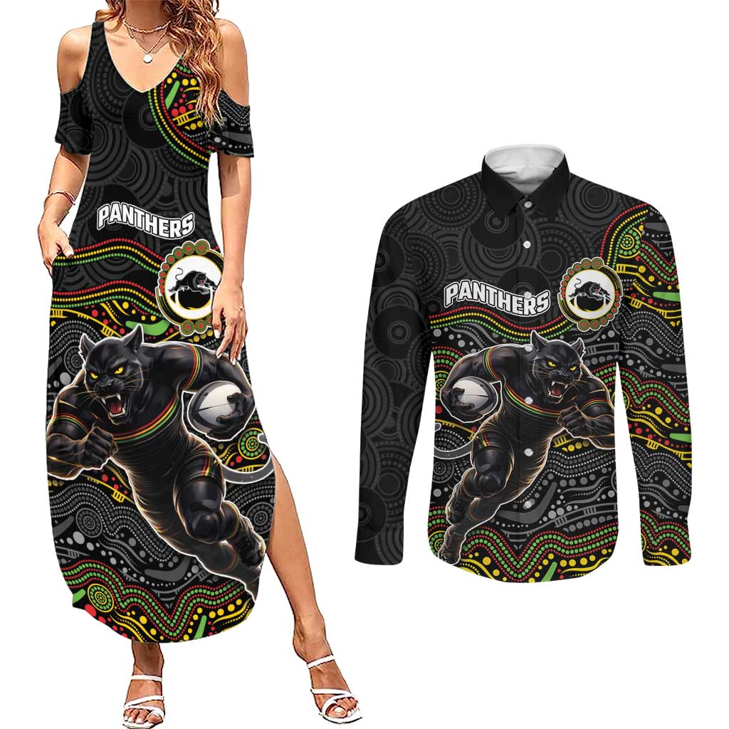 Custom Panthers Couples Matching Summer Maxi Dress and Long Sleeve Button Shirt Warrior Mascot With Aboriginal Indigenous
