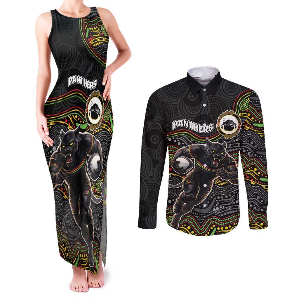 Custom Panthers Couples Matching Tank Maxi Dress and Long Sleeve Button Shirt Warrior Mascot With Aboriginal Indigenous