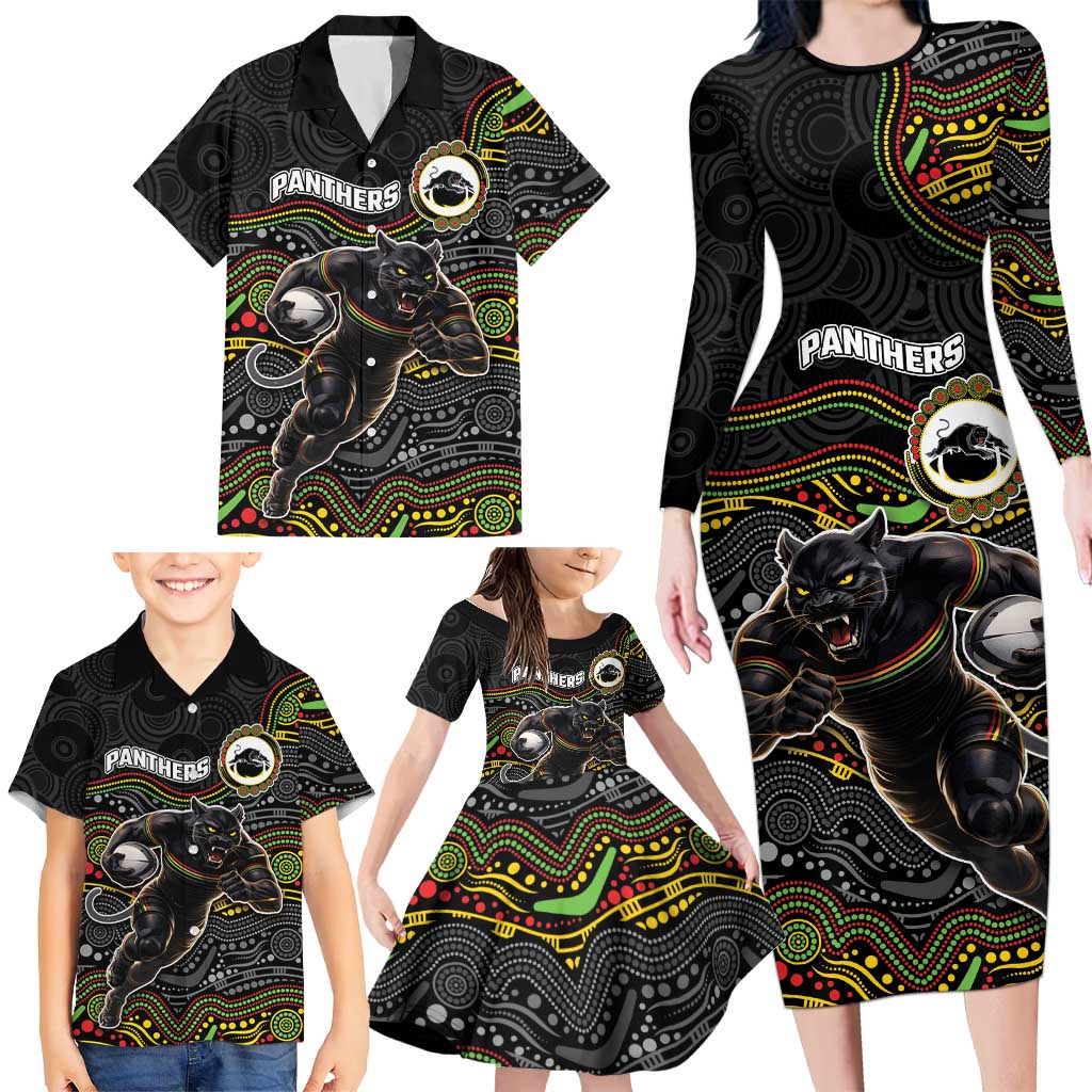 Custom Panthers Family Matching Long Sleeve Bodycon Dress and Hawaiian Shirt Warrior Mascot With Aboriginal Indigenous