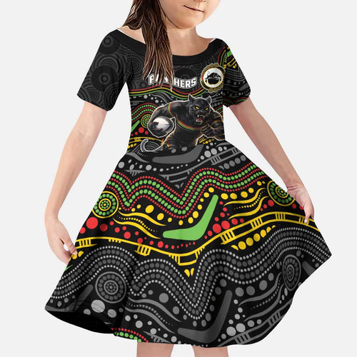 Custom Panthers Family Matching Long Sleeve Bodycon Dress and Hawaiian Shirt Warrior Mascot With Aboriginal Indigenous