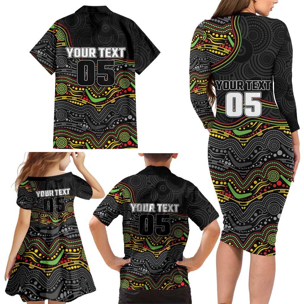 Custom Panthers Family Matching Long Sleeve Bodycon Dress and Hawaiian Shirt Warrior Mascot With Aboriginal Indigenous