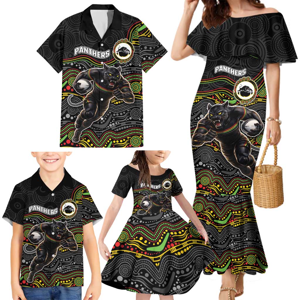 Custom Panthers Family Matching Mermaid Dress and Hawaiian Shirt Warrior Mascot With Aboriginal Indigenous