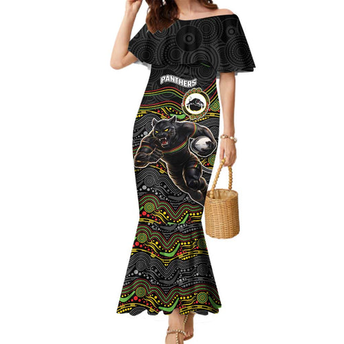 Custom Panthers Family Matching Mermaid Dress and Hawaiian Shirt Warrior Mascot With Aboriginal Indigenous