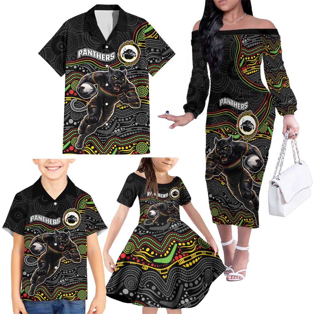 Custom Panthers Family Matching Off The Shoulder Long Sleeve Dress and Hawaiian Shirt Warrior Mascot With Aboriginal Indigenous