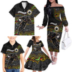 Custom Panthers Family Matching Off The Shoulder Long Sleeve Dress and Hawaiian Shirt Warrior Mascot With Aboriginal Indigenous