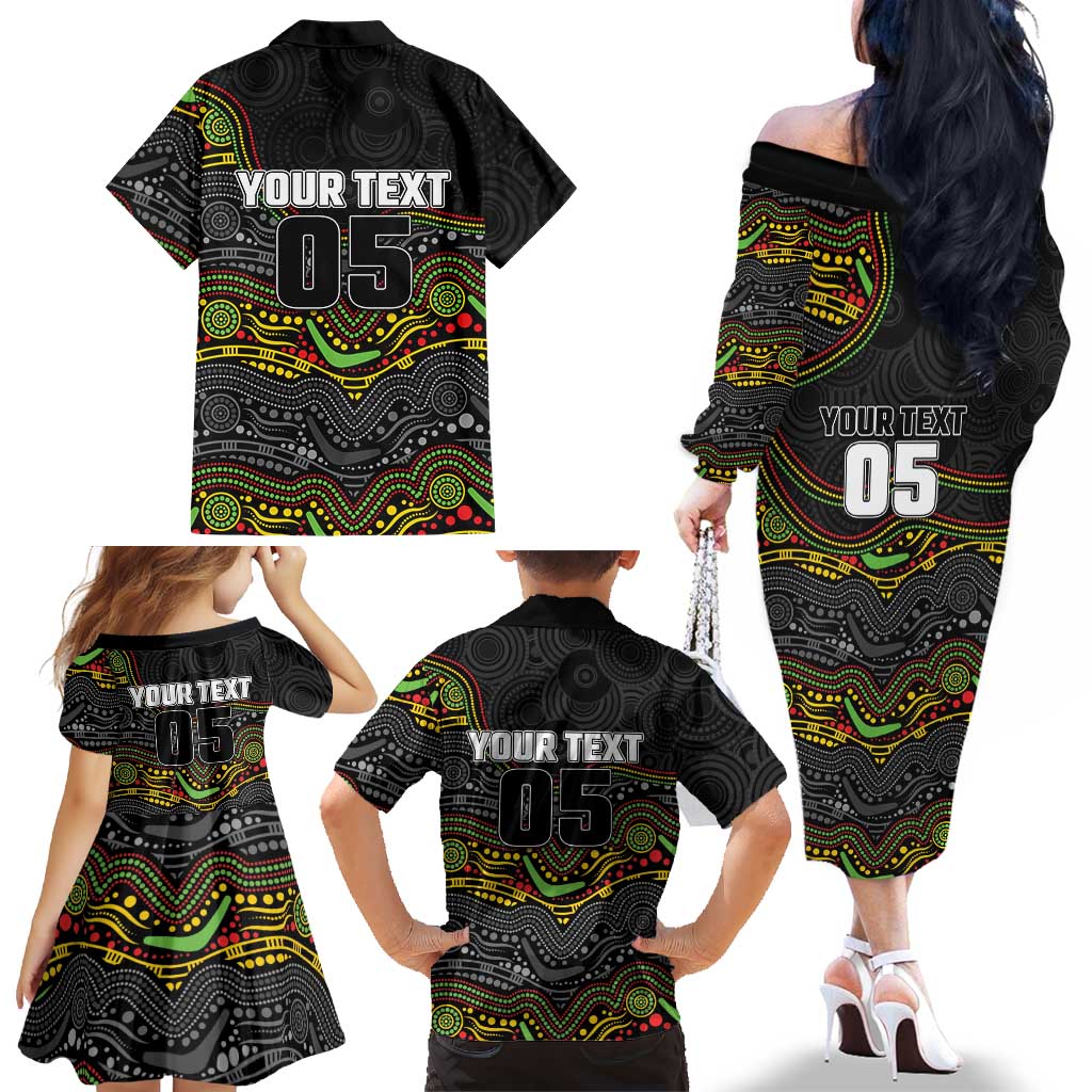 Custom Panthers Family Matching Off The Shoulder Long Sleeve Dress and Hawaiian Shirt Warrior Mascot With Aboriginal Indigenous