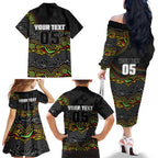 Custom Panthers Family Matching Off The Shoulder Long Sleeve Dress and Hawaiian Shirt Warrior Mascot With Aboriginal Indigenous