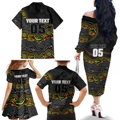 Custom Panthers Family Matching Off The Shoulder Long Sleeve Dress and Hawaiian Shirt Warrior Mascot With Aboriginal Indigenous