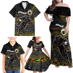 Custom Panthers Family Matching Off Shoulder Maxi Dress and Hawaiian Shirt Warrior Mascot With Aboriginal Indigenous