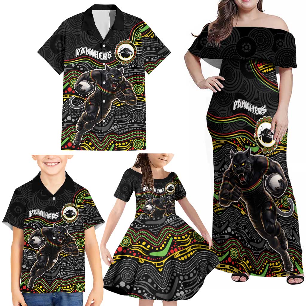 Custom Panthers Family Matching Off Shoulder Maxi Dress and Hawaiian Shirt Warrior Mascot With Aboriginal Indigenous