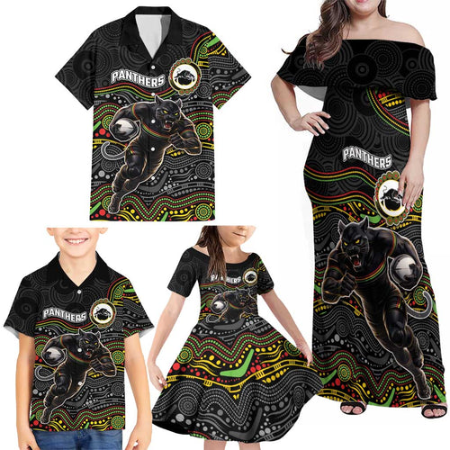 Custom Panthers Family Matching Off Shoulder Maxi Dress and Hawaiian Shirt Warrior Mascot With Aboriginal Indigenous