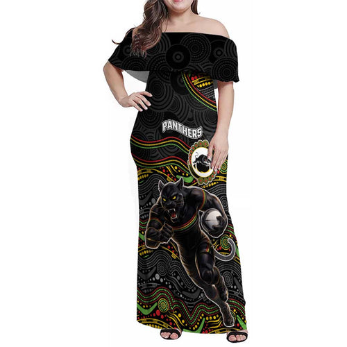 Custom Panthers Family Matching Off Shoulder Maxi Dress and Hawaiian Shirt Warrior Mascot With Aboriginal Indigenous