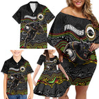 Custom Panthers Family Matching Off Shoulder Short Dress and Hawaiian Shirt Warrior Mascot With Aboriginal Indigenous