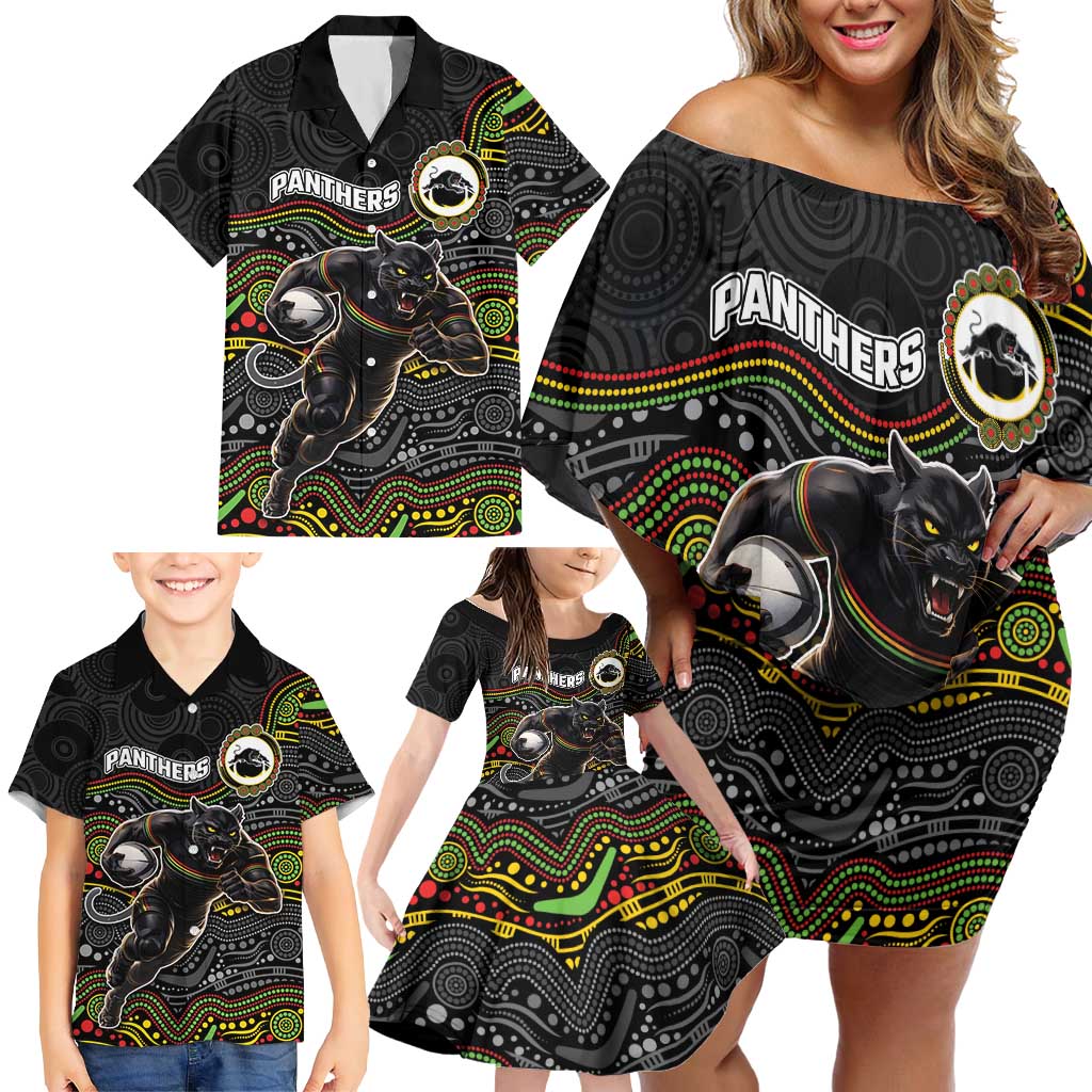 Custom Panthers Family Matching Off Shoulder Short Dress and Hawaiian Shirt Warrior Mascot With Aboriginal Indigenous