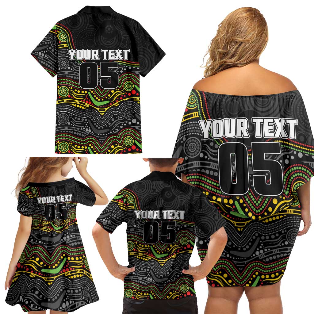 Custom Panthers Family Matching Off Shoulder Short Dress and Hawaiian Shirt Warrior Mascot With Aboriginal Indigenous