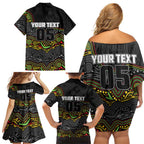 Custom Panthers Family Matching Off Shoulder Short Dress and Hawaiian Shirt Warrior Mascot With Aboriginal Indigenous