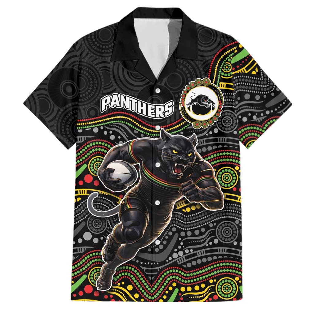 Custom Panthers Family Matching Off Shoulder Short Dress and Hawaiian Shirt Warrior Mascot With Aboriginal Indigenous