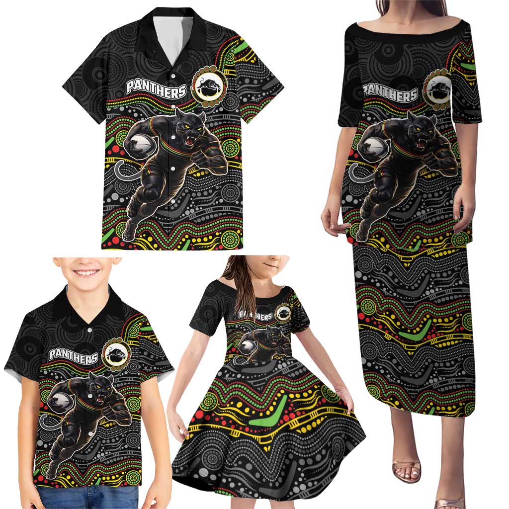 Custom Panthers Family Matching Puletasi and Hawaiian Shirt Warrior Mascot With Aboriginal Indigenous