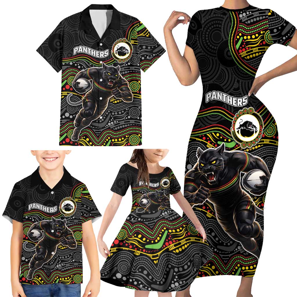 Custom Panthers Family Matching Short Sleeve Bodycon Dress and Hawaiian Shirt Warrior Mascot With Aboriginal Indigenous