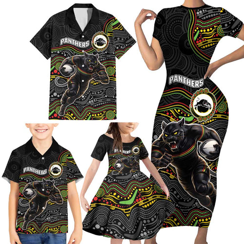 Custom Panthers Family Matching Short Sleeve Bodycon Dress and Hawaiian Shirt Warrior Mascot With Aboriginal Indigenous