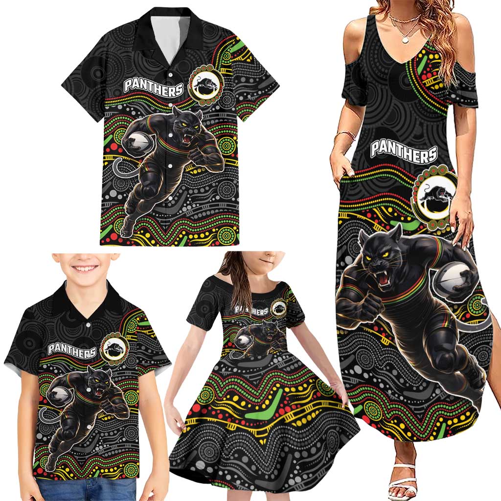 Custom Panthers Family Matching Summer Maxi Dress and Hawaiian Shirt Warrior Mascot With Aboriginal Indigenous