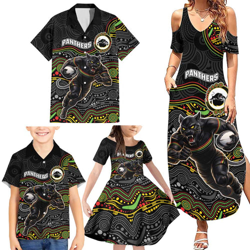 Custom Panthers Family Matching Summer Maxi Dress and Hawaiian Shirt Warrior Mascot With Aboriginal Indigenous