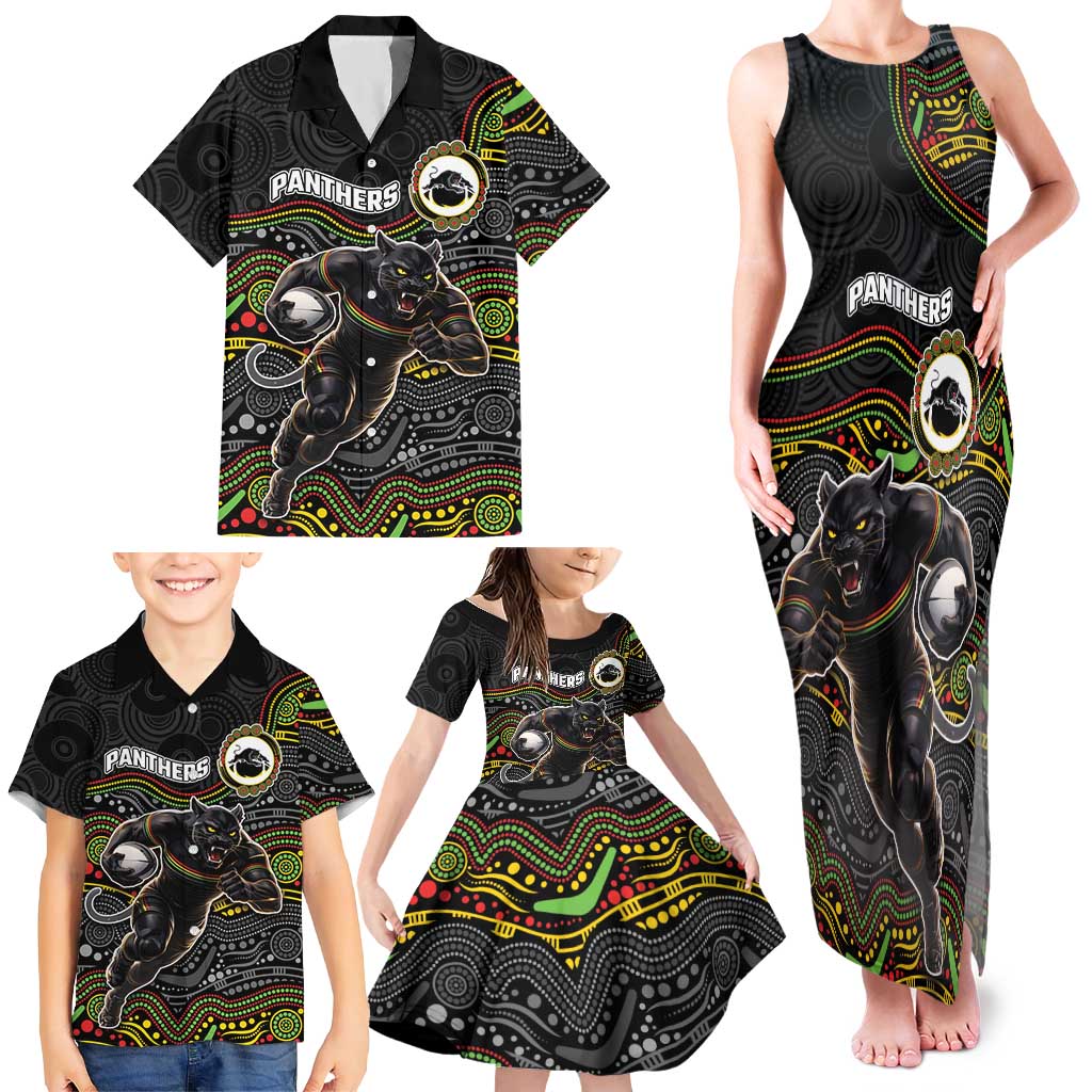 Custom Panthers Family Matching Tank Maxi Dress and Hawaiian Shirt Warrior Mascot With Aboriginal Indigenous