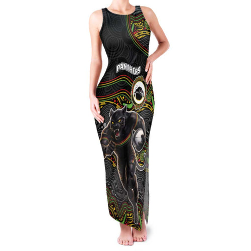 Custom Panthers Family Matching Tank Maxi Dress and Hawaiian Shirt Warrior Mascot With Aboriginal Indigenous