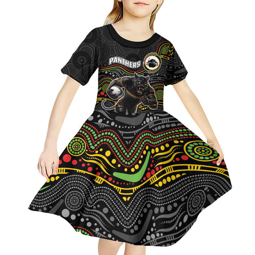 Custom Panthers Kid Short Sleeve Dress Warrior Mascot With Aboriginal Indigenous