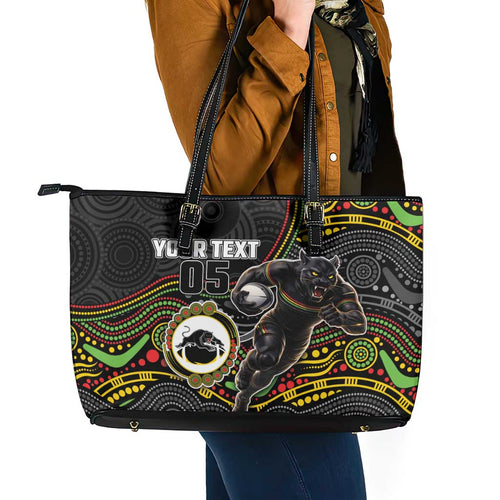 Custom Panthers Leather Tote Bag Warrior Mascot With Aboriginal Indigenous
