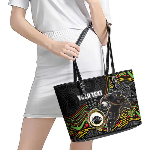 Custom Panthers Leather Tote Bag Warrior Mascot With Aboriginal Indigenous