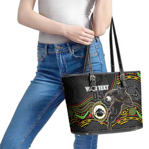 Custom Panthers Leather Tote Bag Warrior Mascot With Aboriginal Indigenous