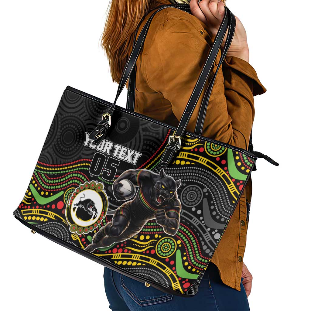 Custom Panthers Leather Tote Bag Warrior Mascot With Aboriginal Indigenous