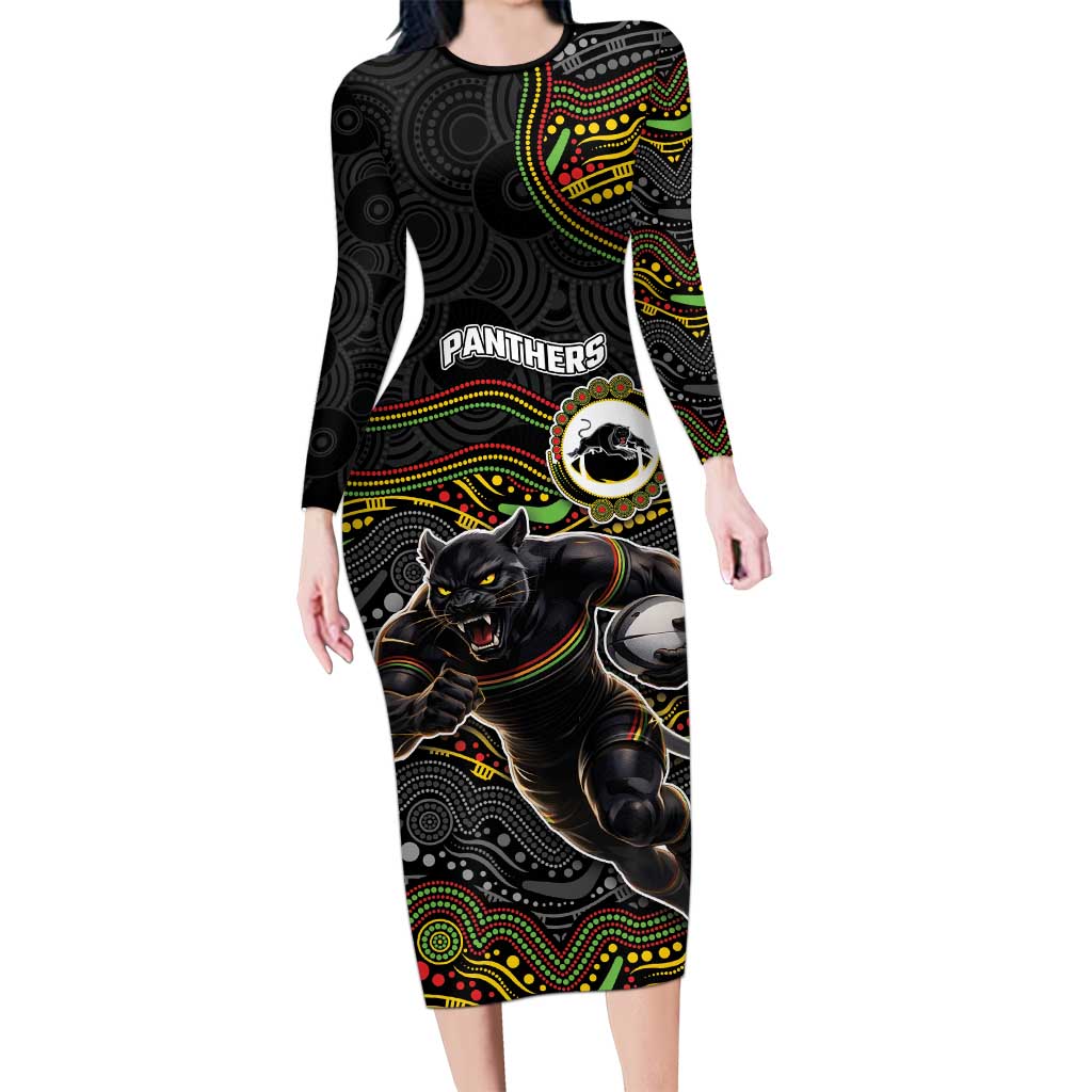 Custom Panthers Long Sleeve Bodycon Dress Warrior Mascot With Aboriginal Indigenous