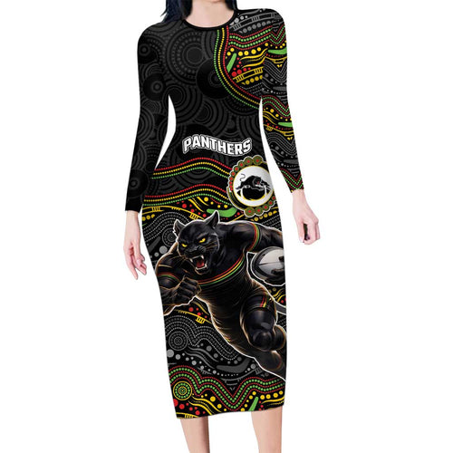 Custom Panthers Long Sleeve Bodycon Dress Warrior Mascot With Aboriginal Indigenous